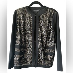 Ming Wang Sequined Black Open Front Cardigan with Clasp Sweater Size Medium